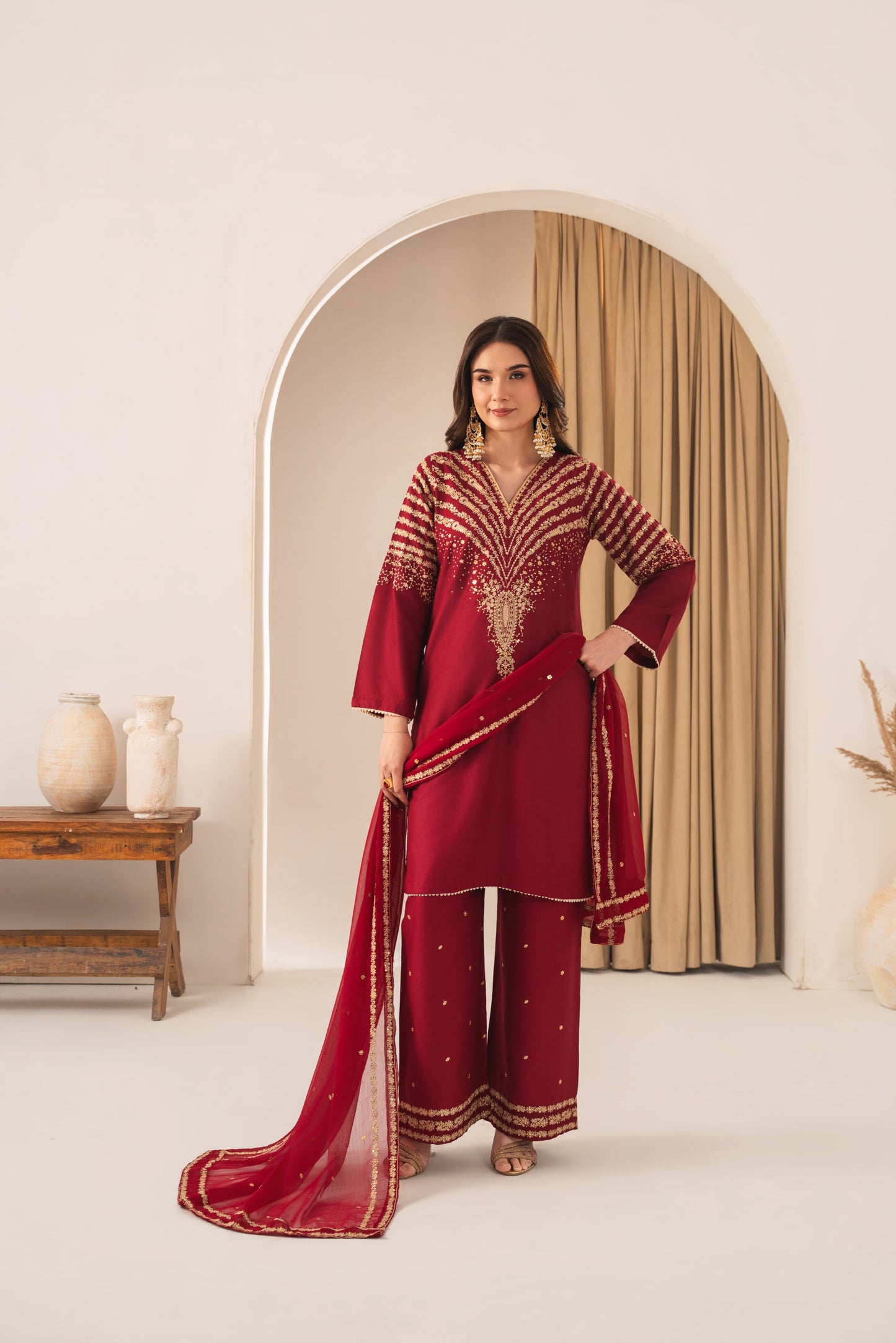 MAROON PEACOCK EMBROIDERED 3PC*