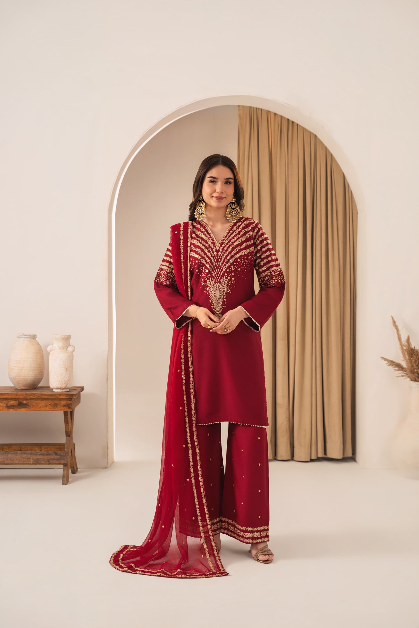 MAROON PEACOCK EMBROIDERED 3PC*
