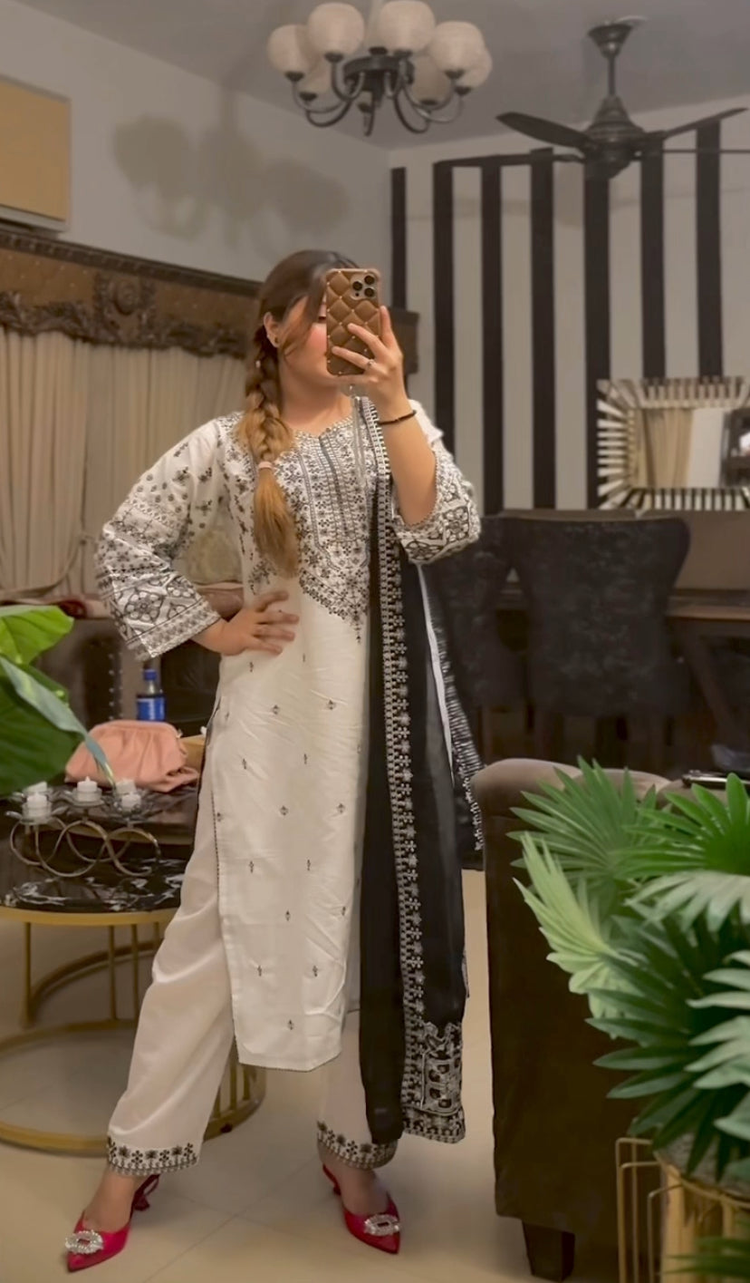 3 pc ARFA Embroidered Co Ords with Chiffon dupatta