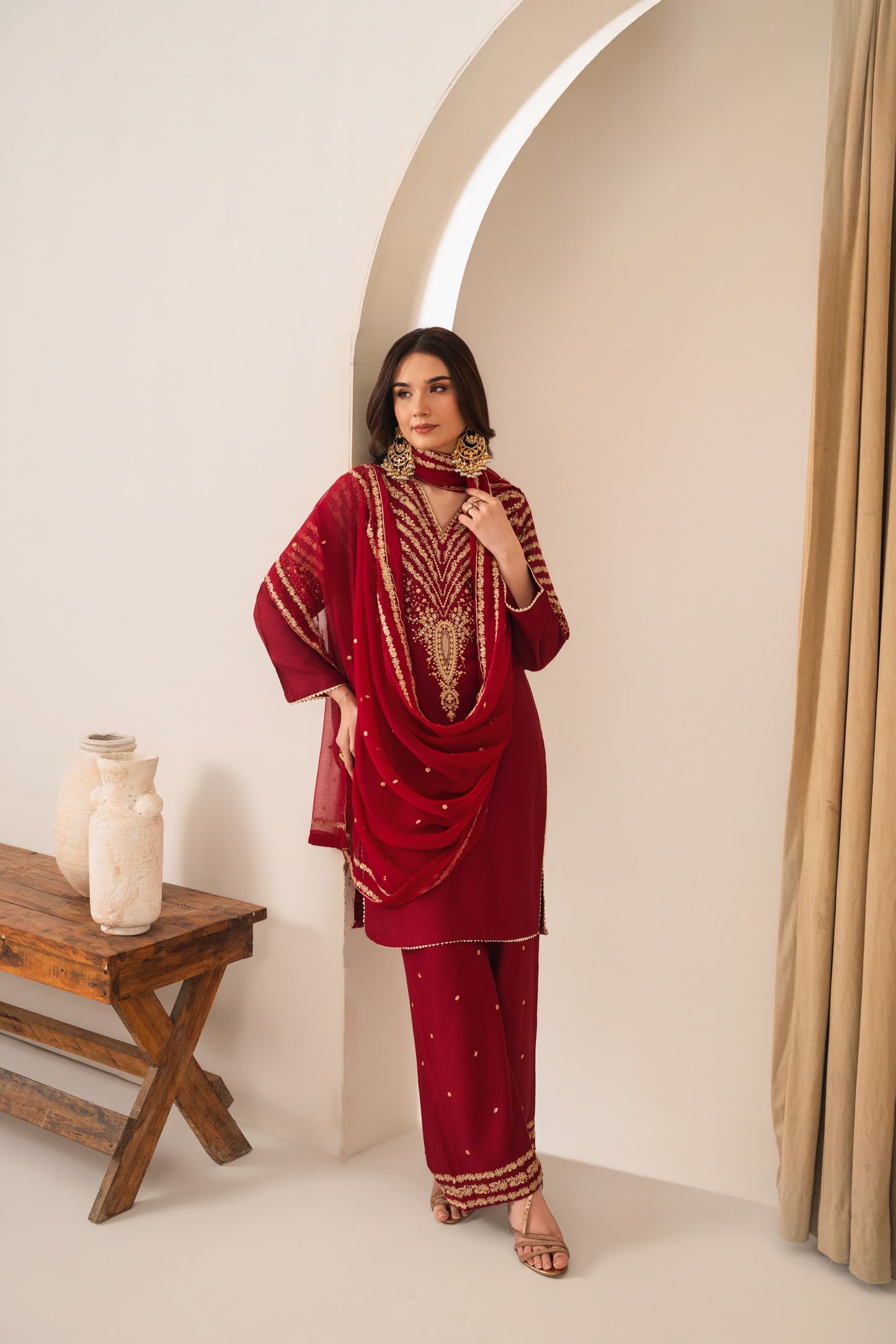 MAROON PEACOCK EMBROIDERED 3PC*